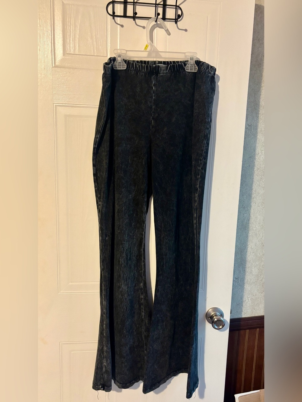 Chatoyant 1XL Black Mineral Wash Flare Pants | Stretch Pull-On Bell Bottoms Boho